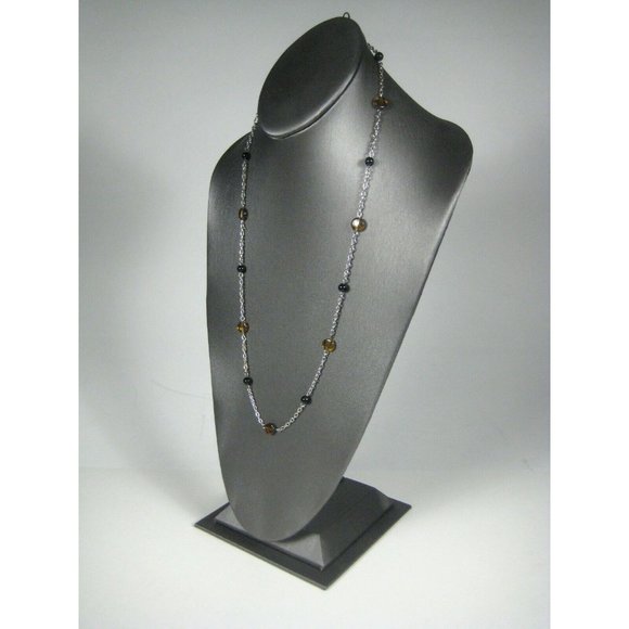 Necklace Brown Plastic Beaded 26 In Strand Silvertone Chain Jewelry Delicate - Picture 5 of 6